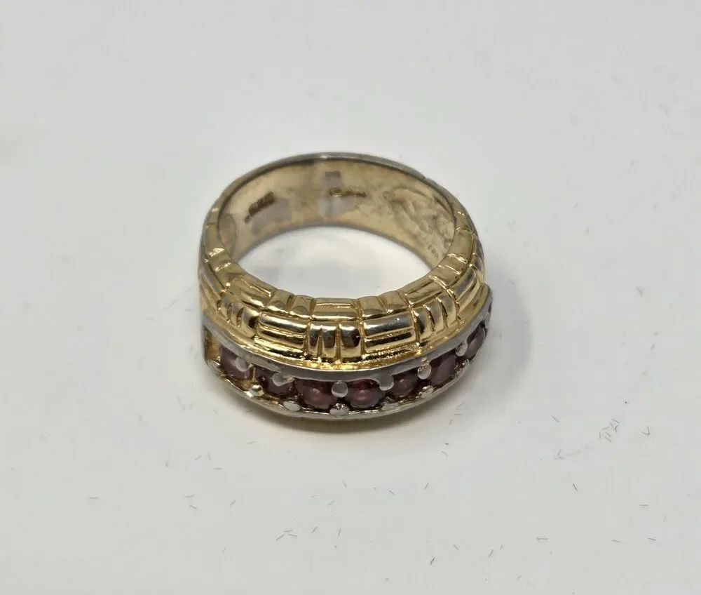 925 Sterling Silver Gold Plated Garnet CZ Channel Set Ring‎ Wide Band Mens...